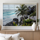 94669907-MGV-FP-60X30-3P_White-Tropical Coastline Wall Art Canvas Print, Framed Palm Tree Art Picture Print, Rocky Beach Perfect Tropical Coastal Decor Artwork