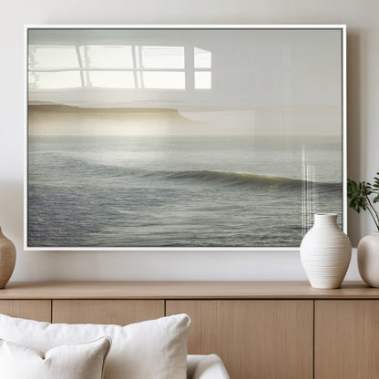39310633-MGV-FP-60X30-3P_White-Coastal Cliffs Wall Art Canvas Print, Framed Misty Ocean Art Picture Print, Morning Light Perfect Minimalistic Coastal Decor