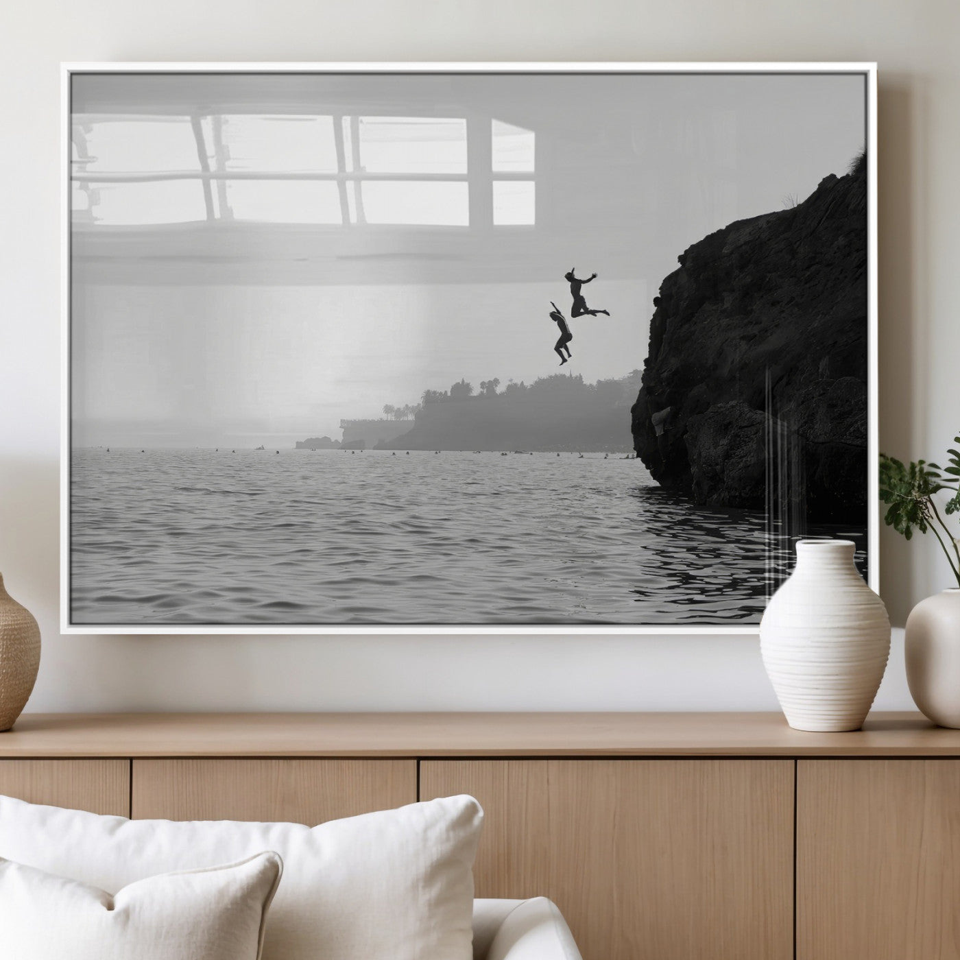 52284302-MGV-FP-60X30-3P_White-Cliff Jumping Wall Art Canvas Print, Framed Ocean Adventure Art Picture Print, Black White Coast Perfect Modern Coastal Decor