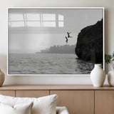 52284302-MGV-FP-60X30-3P_White-Cliff Jumping Wall Art Canvas Print, Framed Ocean Adventure Art Picture Print, Black White Coast Perfect Modern Coastal Decor