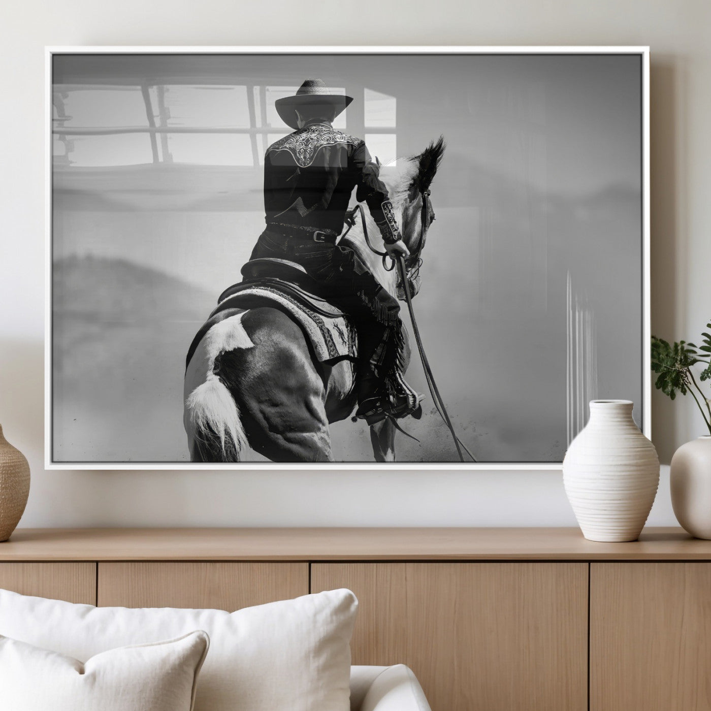 83102464-MGV-FP-60X30-3P_White-Western Cowboy Wall Art Canvas Print, Framed Monochrome Horse Art Picture Print, Western Equestrian Perfect Rustic Western Decor