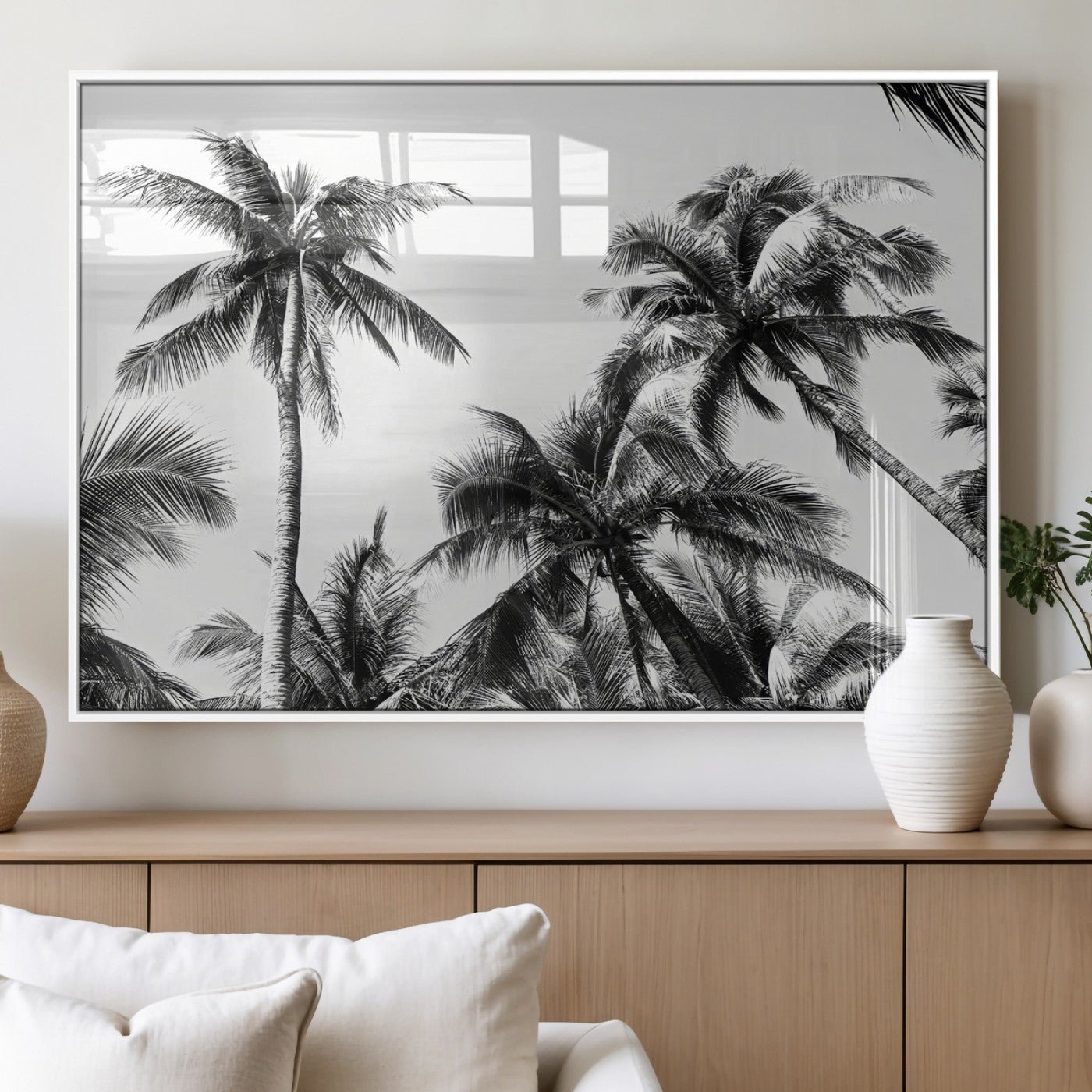 46641801-MGV-FP-60X30-3P_White-Palm Tree Wall Art Canvas Print, Framed Black White Tropics Art Picture Print, Monochrome Palms Perfect Modern Tropical Minimalist