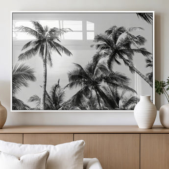 46641801-MGV-FP-60X30-3P_White-Palm Tree Wall Art Canvas Print, Framed Black White Tropics Art Picture Print, Monochrome Palms Perfect Modern Tropical Minimalist