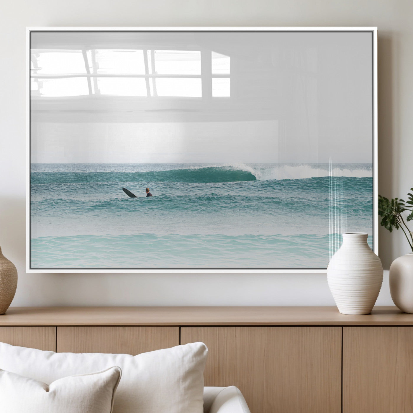 56345117-MGV-FP-36X24-3P_White-Minimalist Surfing Wall Art Canvas Print, Framed Ocean Waves Art Picture Print, Soft Ocean Perfect Minimalist Coastal Decor