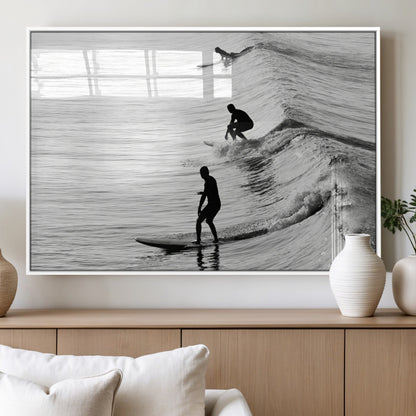 19875284-MGV-FP-60X30-3P_White-Surfer Waves Wall Art Canvas Print, Framed Black White Surf Art Picture Print, Monochrome Ocean Perfect Modern Coastal Decor