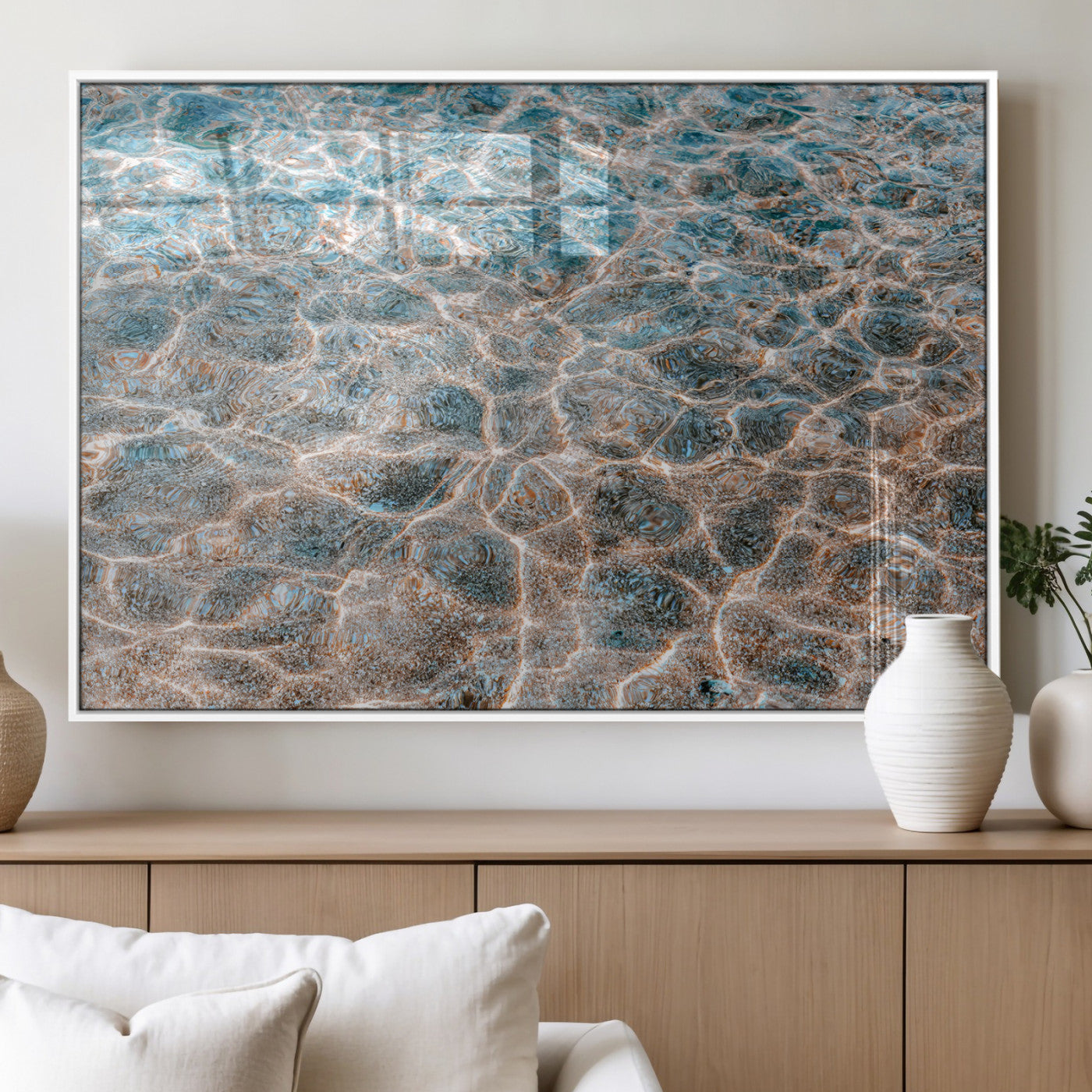 26580287-MGV-FP-36X24-3P_White-Clear Water Wall Art Canvas Print, Framed Sunlit Ripples Art Picture Print, Ocean Texture Perfect Modern Coastal Decor Artwork