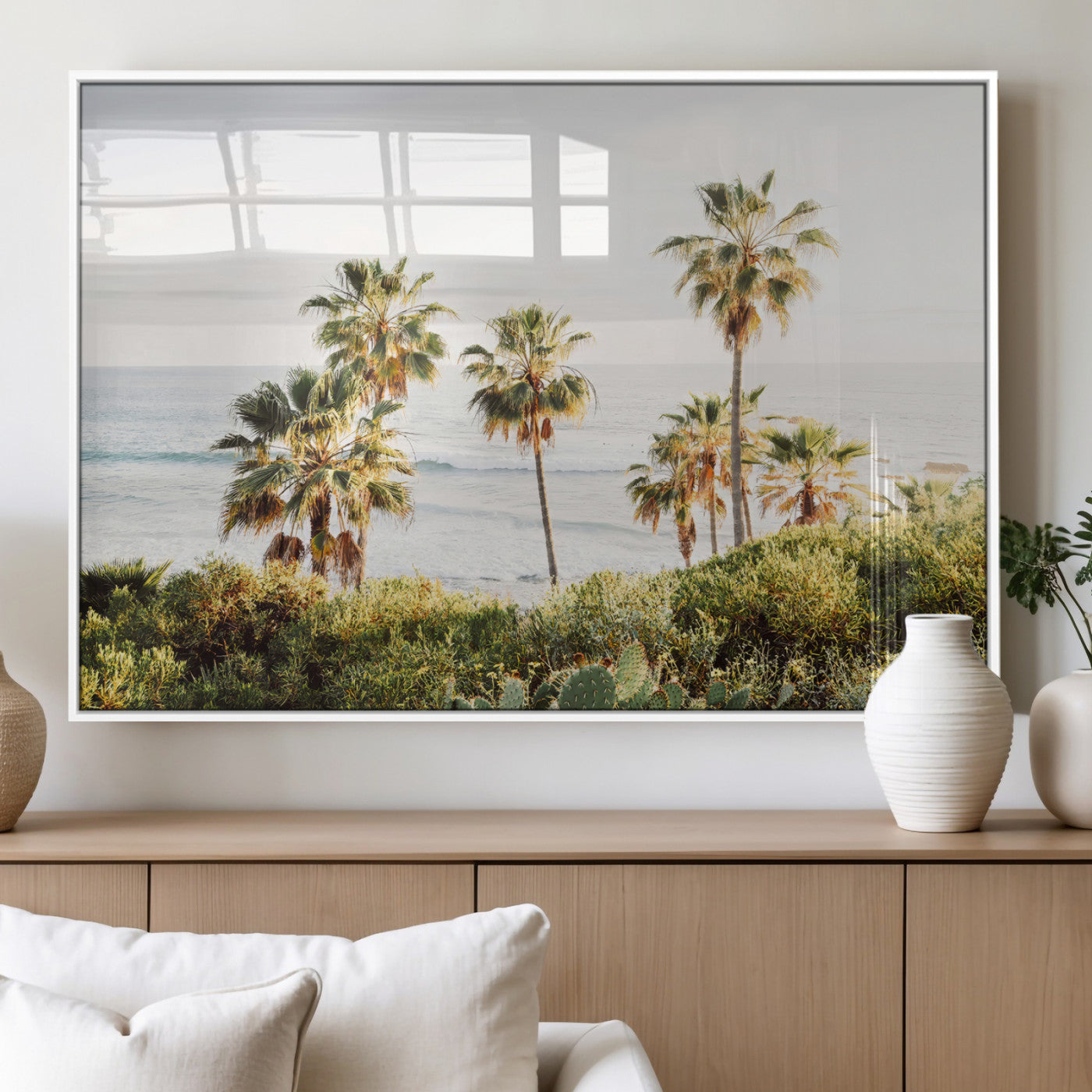 94707294-MGV-FP-60X30-3P_White-California Coast Wall Art Canvas Print, Framed Palm Trees Art Picture Print, Coastal Landscape Perfect Coastal Minimalist Decor