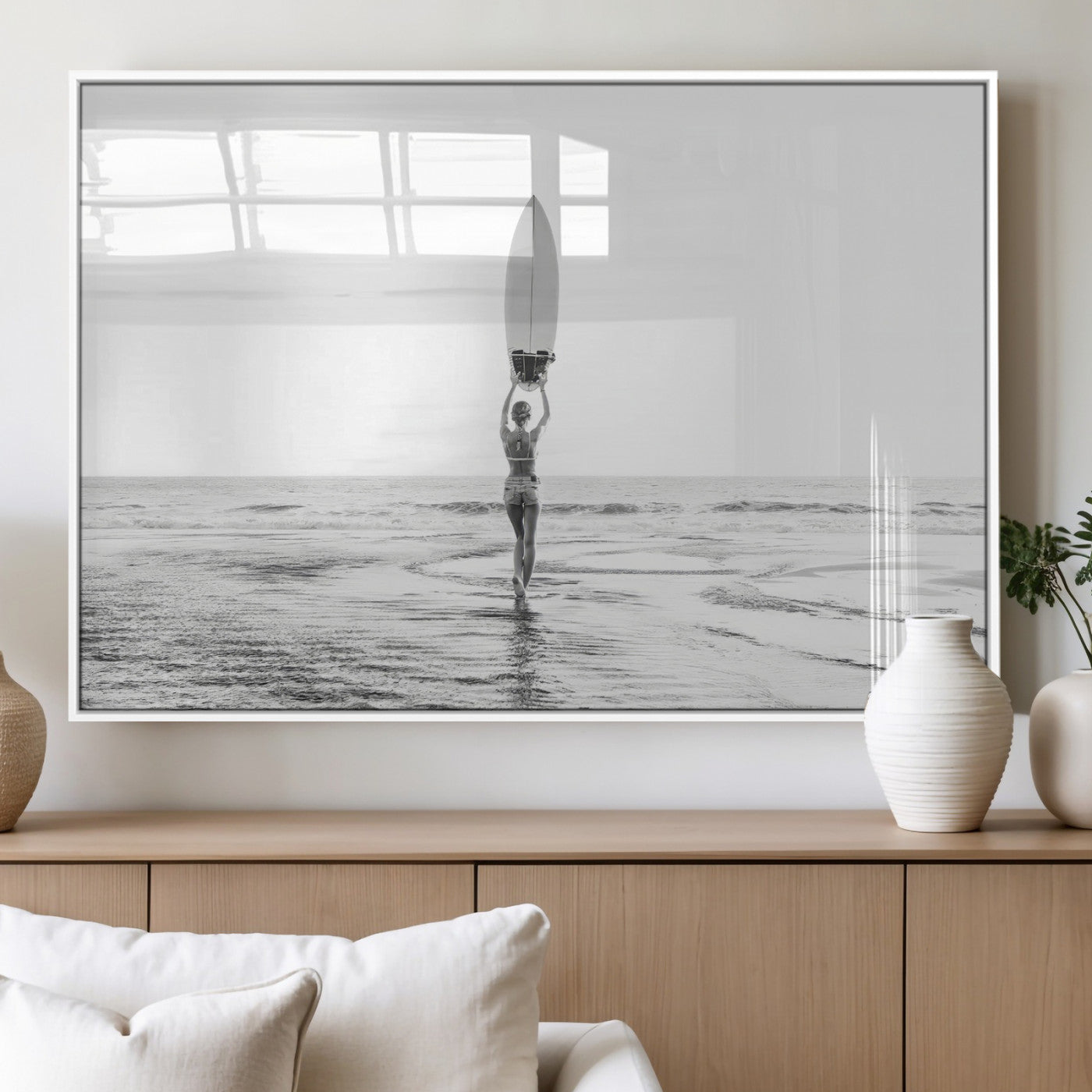 98446901-MGV-FP-60X30-3P_White-Monochrome Surf Wall Art Canvas Print, Framed Minimalist Surfer Art Picture Print, Surfboard Silhouette Perfect Coastal Minimalist