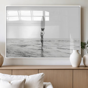 98446901-MGV-FP-60X30-3P_White-Monochrome Surf Wall Art Canvas Print, Framed Minimalist Surfer Art Picture Print, Surfboard Silhouette Perfect Coastal Minimalist