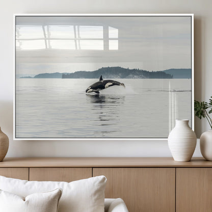 10157174-MGV-FP-36X24-3P_White-Orca Whale Wall Art Canvas Print, Framed Black White Whale Art Picture Print, Minimalist Ocean Perfect Coastal Minimalist Decor