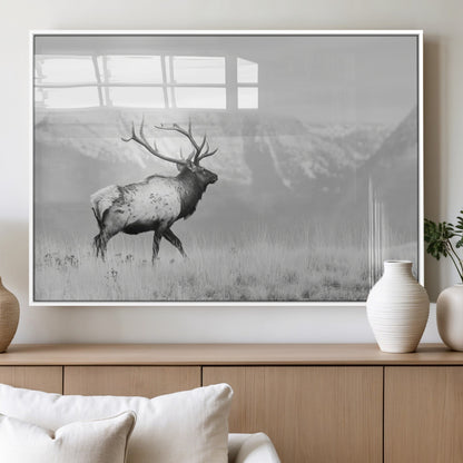 62278753-MGV-FP-60X30-3P_White-Monochrome Elk Wall Art Canvas Print, Framed Mountain Wildlife Art Picture Print, Rustic Nature Perfect Rustic Minimalist Decor