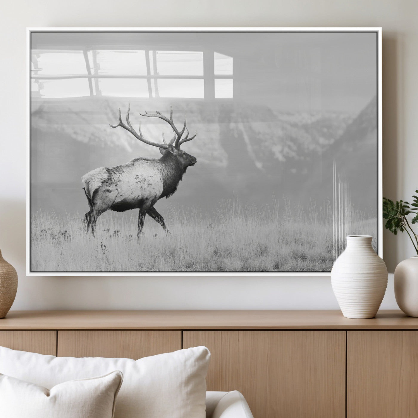 62278753-MGV-FP-36X24-3P_White-Monochrome Elk Wall Art Canvas Print, Framed Mountain Wildlife Art Picture Print, Rustic Nature Perfect Rustic Minimalist Decor