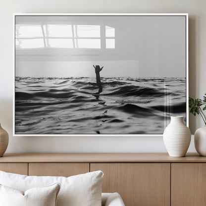 69541918-MGV-FP-60X30-3P_White-Black White Ocean Wall Art Canvas Print, Framed Moody Seascape Art Picture Print, Surfer Sign Perfect Moody Minimalist Decor