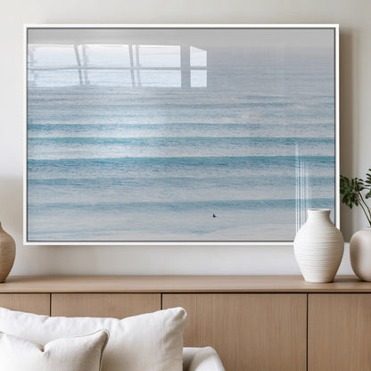 77145995-MGV-FP-36X24-3P_White-Ocean Simplicity Wall Art Canvas Print, Framed Surfer on Water Art Picture Print, Light Blue Perfect Coastal Minimalist Decor