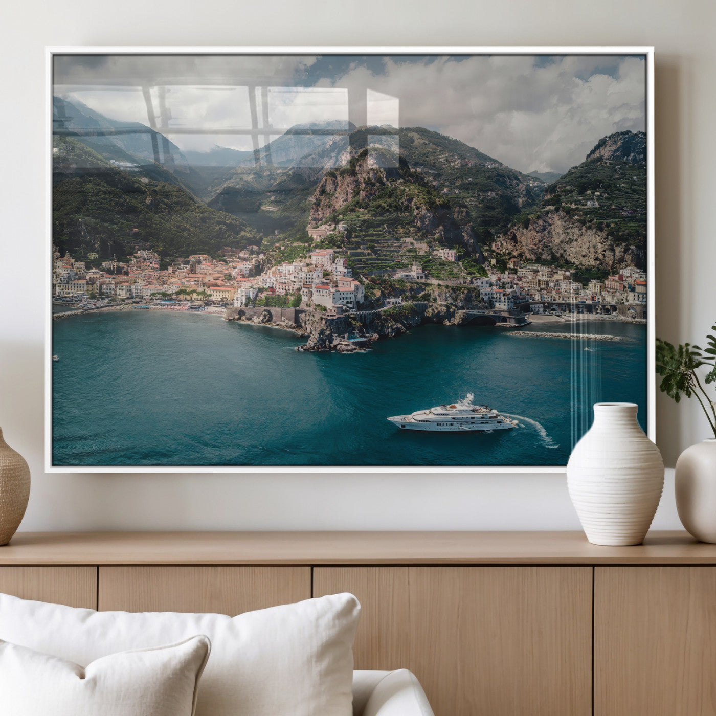 20321590-MGV-FP-36X24-3P_White-Amalfi Coast Wall Art Canvas Print, Framed Italy Travel Art Picture Print, Mediterranean Landscape Perfect Mediterranean Coastal