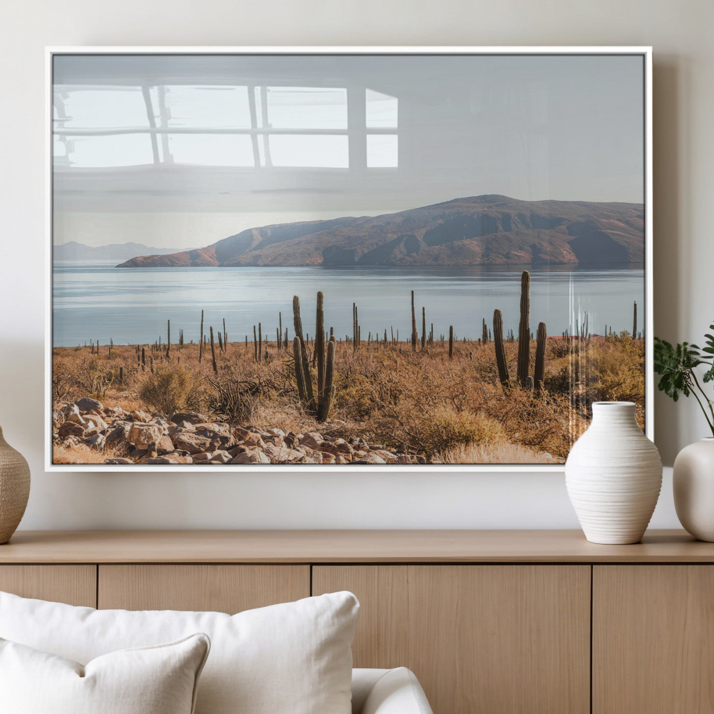 45193515-MGV-FP-36X24-3P_White-Desert Cactus Wall Art Canvas Print, Framed Baja Coastline Art Picture Print, Coastal Desert Perfect Southwestern Minimalist Decor