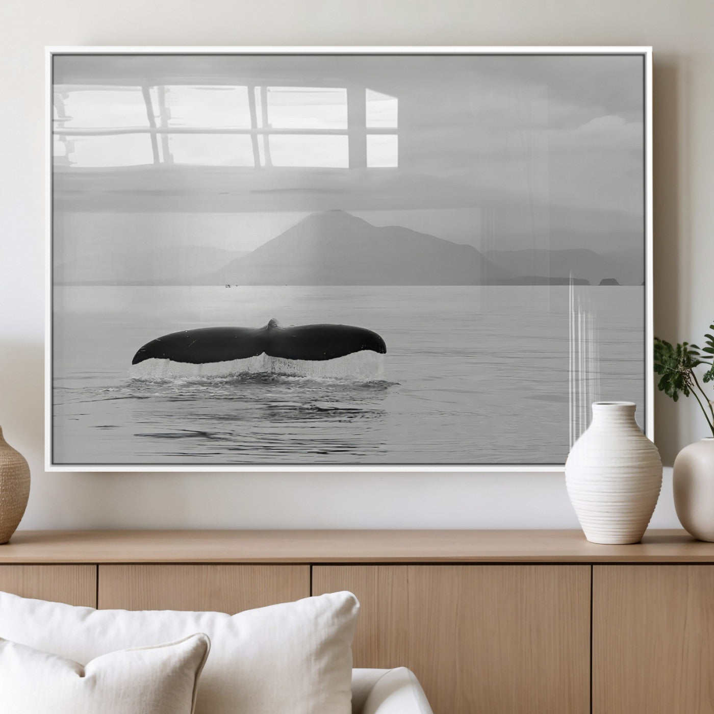 30524220-MGV-FP-36X24-3P_White-Whale Tail Wall Art Canvas Print, Framed Black White Ocean Art Picture Print, Calm Marine Perfect Minimalist Coastal Decor Artwork