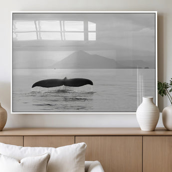 30524220-MGV-FP-36X24-3P_White-Whale Tail Wall Art Canvas Print, Framed Black White Ocean Art Picture Print, Calm Marine Perfect Minimalist Coastal Decor Artwork