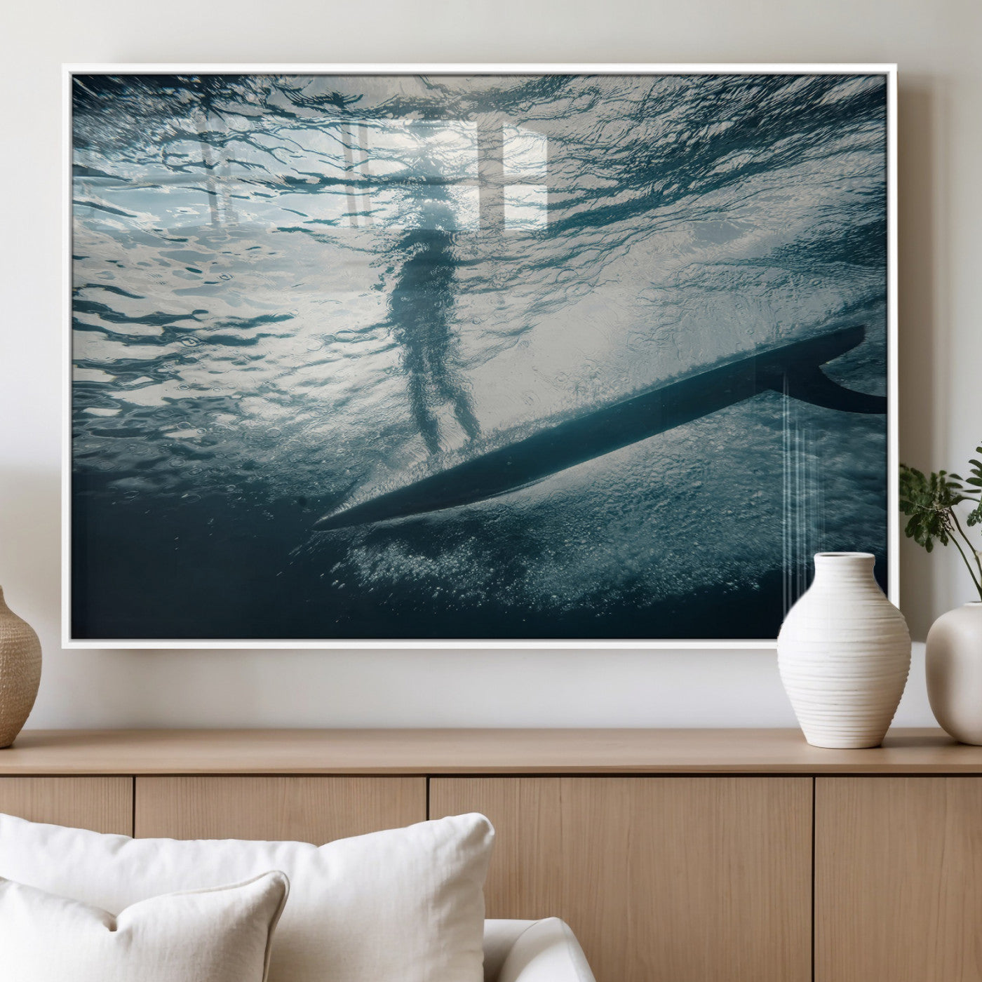 71192524-MGV-FP-36X24-3P_White-Submerged Surf Wall Art Canvas Print, Framed Underwater Perspective Art Picture Print, Ocean Surf Perfect Coastal Adventure Decor