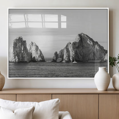18810731-MGV-FP-36X24-3P_White-Rugged Coastline Wall Art Canvas Print, Framed Ocean Cliffs Art Picture Print, Monochrome Seascape Perfect Coastal Minimalist