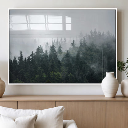 84146572-MGV-FP-36X24-3P_White-Foggy Pine Trees Wall Art Canvas Print, Framed Forest Nature Art Picture Print, Evergreen Forest Perfect Scandinavian Minimalist