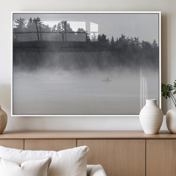 59703275-MGV-FP-60X30-3P_White-Surfer in Fog Wall Art Canvas Print, Framed Foggy Beach Art Picture Print, Coastal Surf Perfect Moody Coastal Decor Artwork