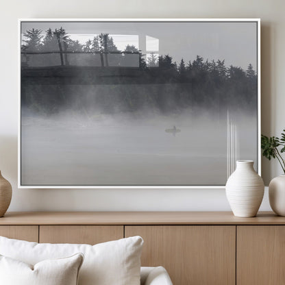 59703275-MGV-FP-60X30-3P_White-Surfer in Fog Wall Art Canvas Print, Framed Foggy Beach Art Picture Print, Coastal Surf Perfect Moody Coastal Decor Artwork