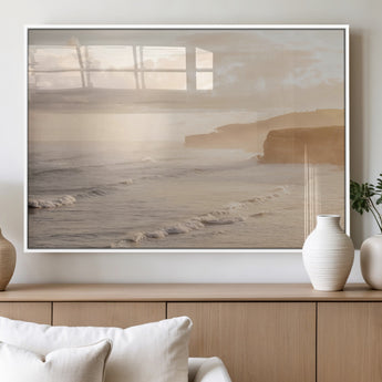 57669769-MGV-FP-36X24-3P_White-Misty Coastal Wall Art Canvas Print, Framed Golden Sunset Art Picture Print, Serene Shoreline Perfect Tranquil Coastal Decor