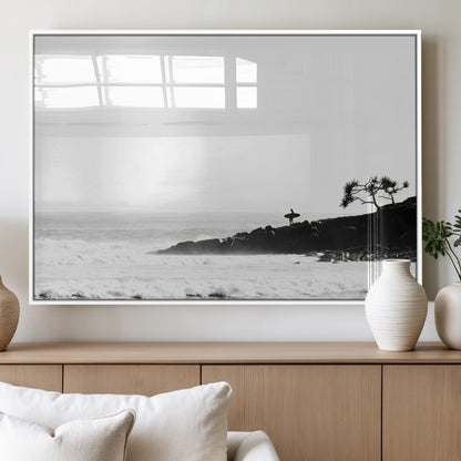 40875891-MGV-FP-60X30-3P_White-SurferCliffs Wall Art Canvas Print, Framed Black White Beach Art Picture Print, Ocean Waves Perfect Minimalist Coastal Decor
