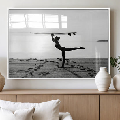 28441356-MGV-FP-60X30-3P_White-Yoga Surf Wall Art Canvas Print, Framed Black White Shore Art Picture Print, Peaceful Ocean Perfect Minimalist Coastal Decor