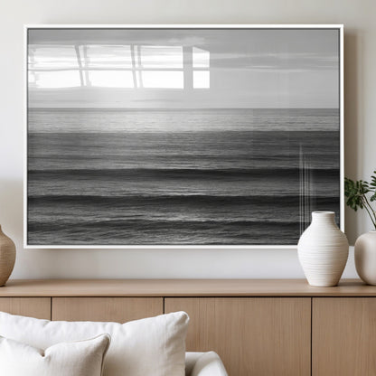 47305203-MGV-FP-60X30-3P_White-Monochrome Ocean Wall Art Canvas Print, Framed Moody Ocean Art Picture Print, Calm Ocean Perfect Minimalist Coastal Decor Artwork