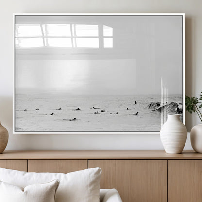 38441169-MGV-FP-36X24-3P_White-Monochrome Swimming Wall Art Canvas Print, Framed Ocean Horizon Art Picture Print, Moody Coastal Perfect Minimalist Coastal Decor