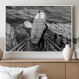 32353707-MGV-FP-60X30-3P_White-Black White Surfing Wall Art Canvas Print, Framed Coastal Surfing Art Picture Print, Wave Riders Perfect Coastal Adventure Decor