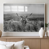 24051061-MGV-FP-36X24-3P_White-Monochrome Highland Cow Wall Art Canvas Print, Framed Scottish Bull Art Picture Print, Lone Cattle Perfect Rustic Farmhouse Decor
