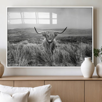 24051061-MGV-FP-36X24-3P_White-Monochrome Highland Cow Wall Art Canvas Print, Framed Scottish Bull Art Picture Print, Lone Cattle Perfect Rustic Farmhouse Decor