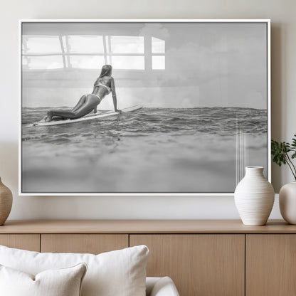 69798068-MGV-FP-60X30-3P_White-Black White Surfing Wall Art Canvas Print, Framed Ocean Horizon Art Picture Print, Surfer Girl Perfect Coastal Adventure Decor
