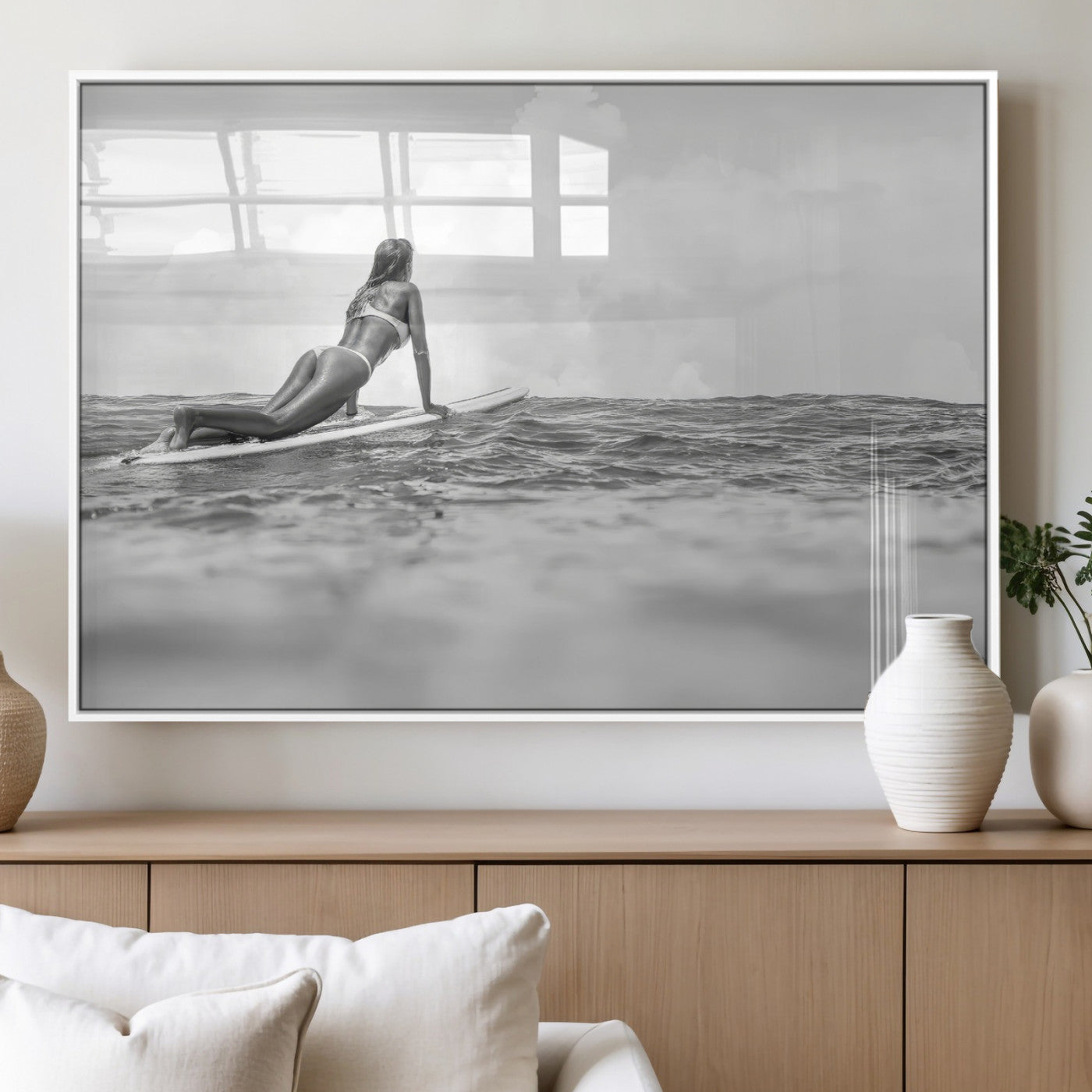 69798068-MGV-FP-36X24-3P_White-Black White Surfing Wall Art Canvas Print, Framed Ocean Horizon Art Picture Print, Surfer Girl Perfect Coastal Adventure Decor