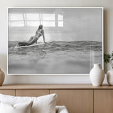 69798068-MGV-FP-36X24-3P_White-Black White Surfing Wall Art Canvas Print, Framed Ocean Horizon Art Picture Print, Surfer Girl Perfect Coastal Adventure Decor
