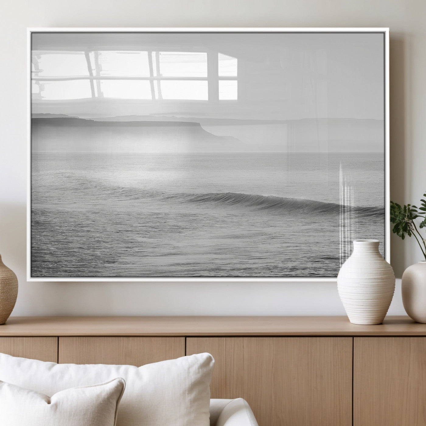 60635783-MGV-FP-60X30-3P_White-Black White Seascape Wall Art Canvas Print, Framed Ocean Waves Art Picture Print, Misty Coastal Perfect Minimalist Coastal Decor