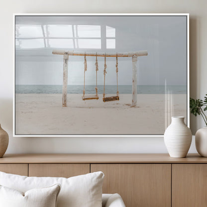 68327283-MGV-FP-60X30-3P_White-Beach Swing Wall Art Canvas Print, Framed Quiet Beach Art Picture Print, Calm Shoreline Perfect Bohemian Coastal Decor Artwork