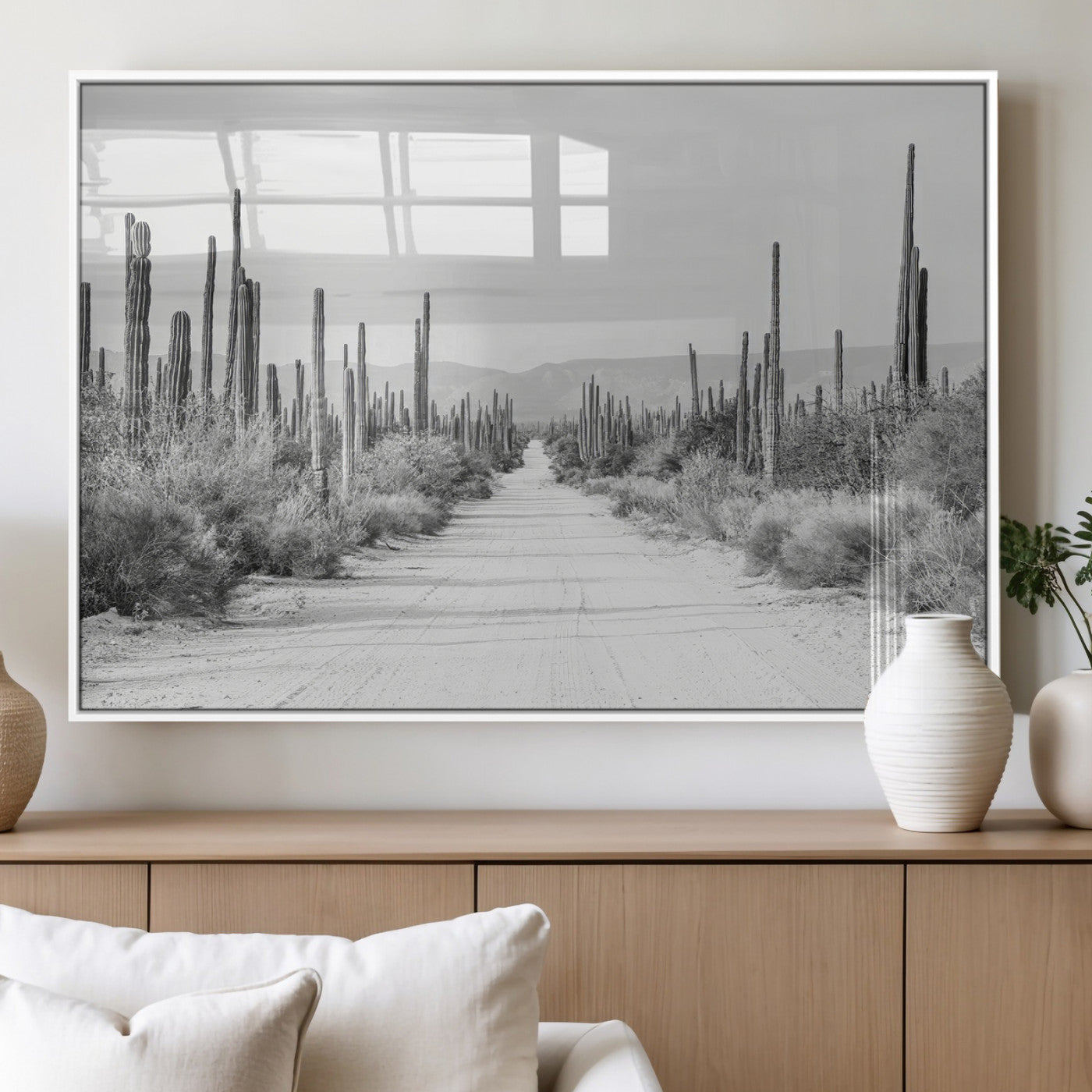35537313-MGV-FP-36X24-3P_White-Monochrome Desert Wall Art Canvas Print, Framed Cactus Path Art Picture Print, Southwestern Landscape Perfect Southwestern