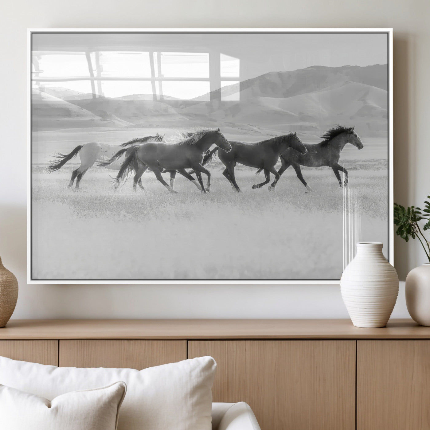 69934913-MGV-FP-36X24-3P_White-Wild Horses Running Wall Art Canvas Print, Framed Black White Mustangs Art Picture Print, Rustic Western Perfect Rustic Western