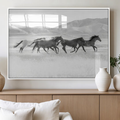 69934913-MGV-FP-36X24-3P_White-Wild Horses Running Wall Art Canvas Print, Framed Black White Mustangs Art Picture Print, Rustic Western Perfect Rustic Western