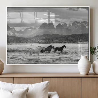 21655040-MGV-FP-60X30-3P_White-Wild Horses Wall Art Canvas Print, Framed Black White Mountains Art Picture Print, Rustic Countryside Perfect Rustic Western Decor