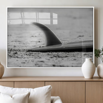 62314230-MGV-FP-36X24-3P_White-Black White Surfboard Wall Art Canvas Print, Framed Minimalist Beach Art Picture Print, Surf Fin Perfect Minimalist Coastal Decor