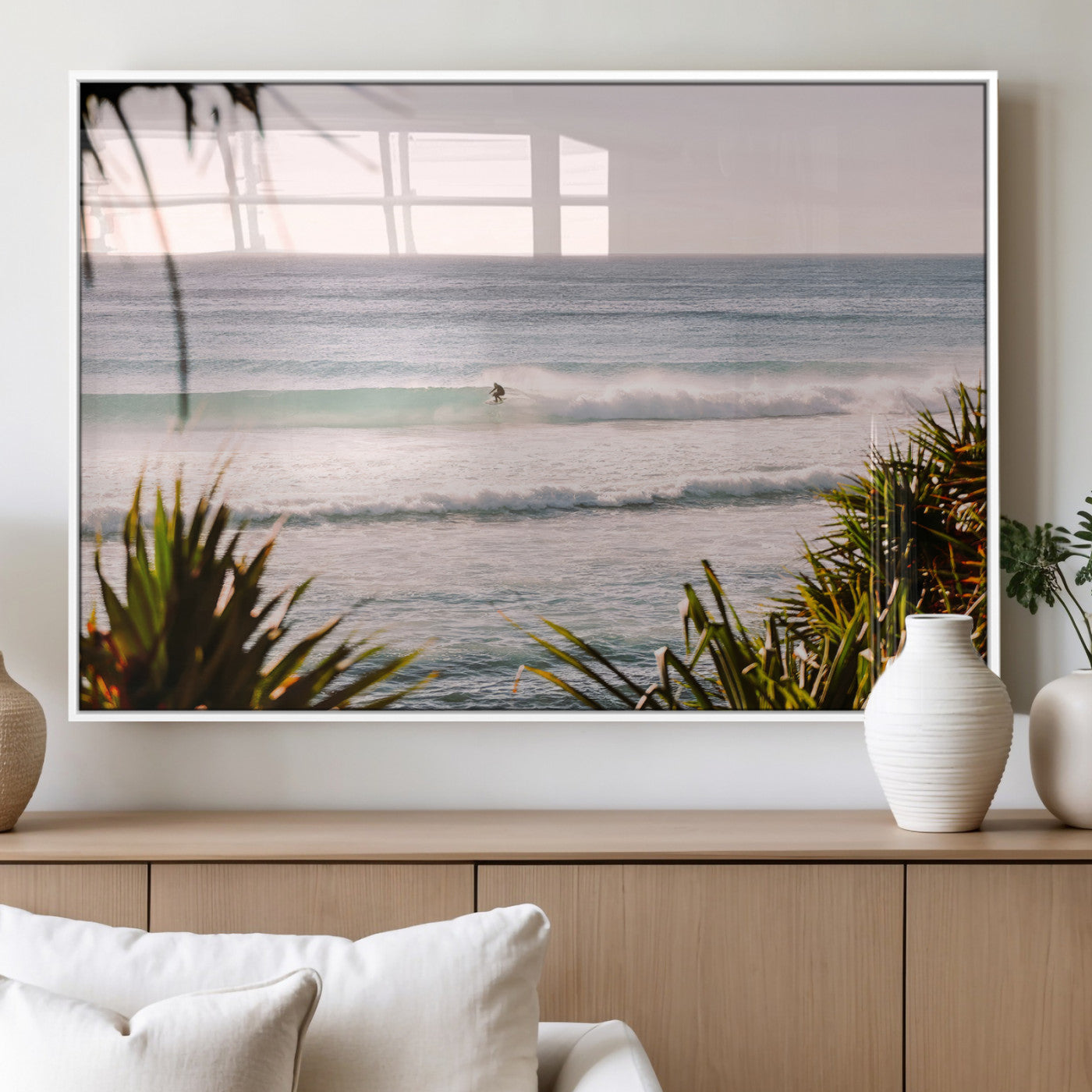 23287092-MGV-FP-36X24-3P_White-Ocean Surfer Wall Art Canvas Print, Framed Coastal Surf Art Picture Print, Tropical Beach Perfect Tropical Coastal Decor Artwork