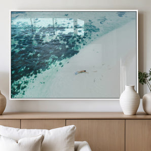 33764764-MGV-FP-60X30-3P_White-Minimal Beach Wall Art Canvas Print, Framed Ocean Swimming Art Picture Print, Clear Ocean Perfect Minimal Coastal Decor Artwork