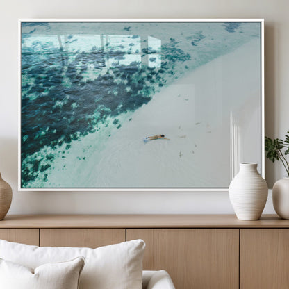 33764764-MGV-FP-60X30-3P_White-Minimal Beach Wall Art Canvas Print, Framed Ocean Swimming Art Picture Print, Clear Ocean Perfect Minimal Coastal Decor Artwork