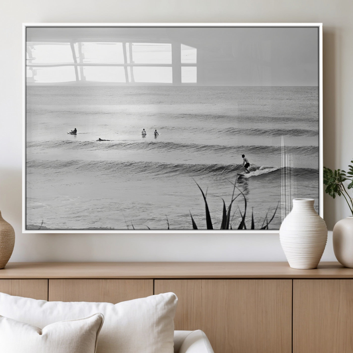 33821421-MGV-FP-60X30-3P_White-Surfer Silhouette Wall Art Canvas Print, Framed Calm Ocean Art Picture Print, Monochrome Surf Perfect Minimalist Coastal Decor