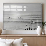 33821421-MGV-FP-60X30-3P_White-Surfer Silhouette Wall Art Canvas Print, Framed Calm Ocean Art Picture Print, Monochrome Surf Perfect Minimalist Coastal Decor